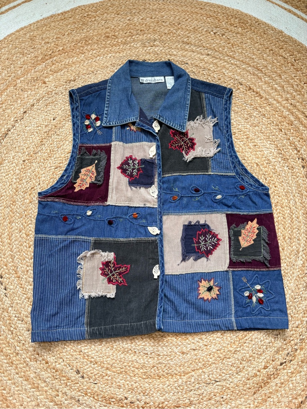 Vintage Dressbarn Blue Patchwork Embroidered Denim Vest